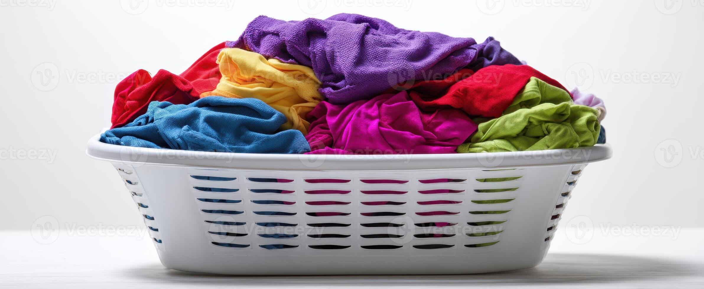 The colorful laundry basket filled with freshly washed clothes and textiles. photo