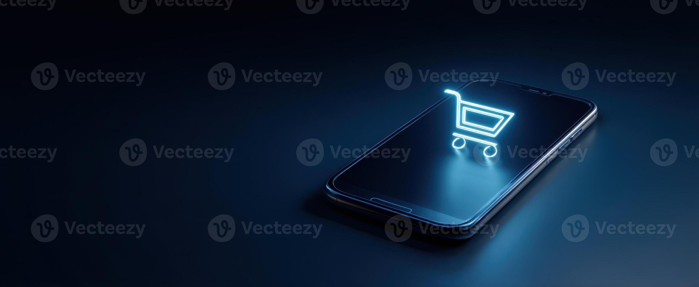 The smartphone displaying a glowing shopping cart icon on the screen. photo
