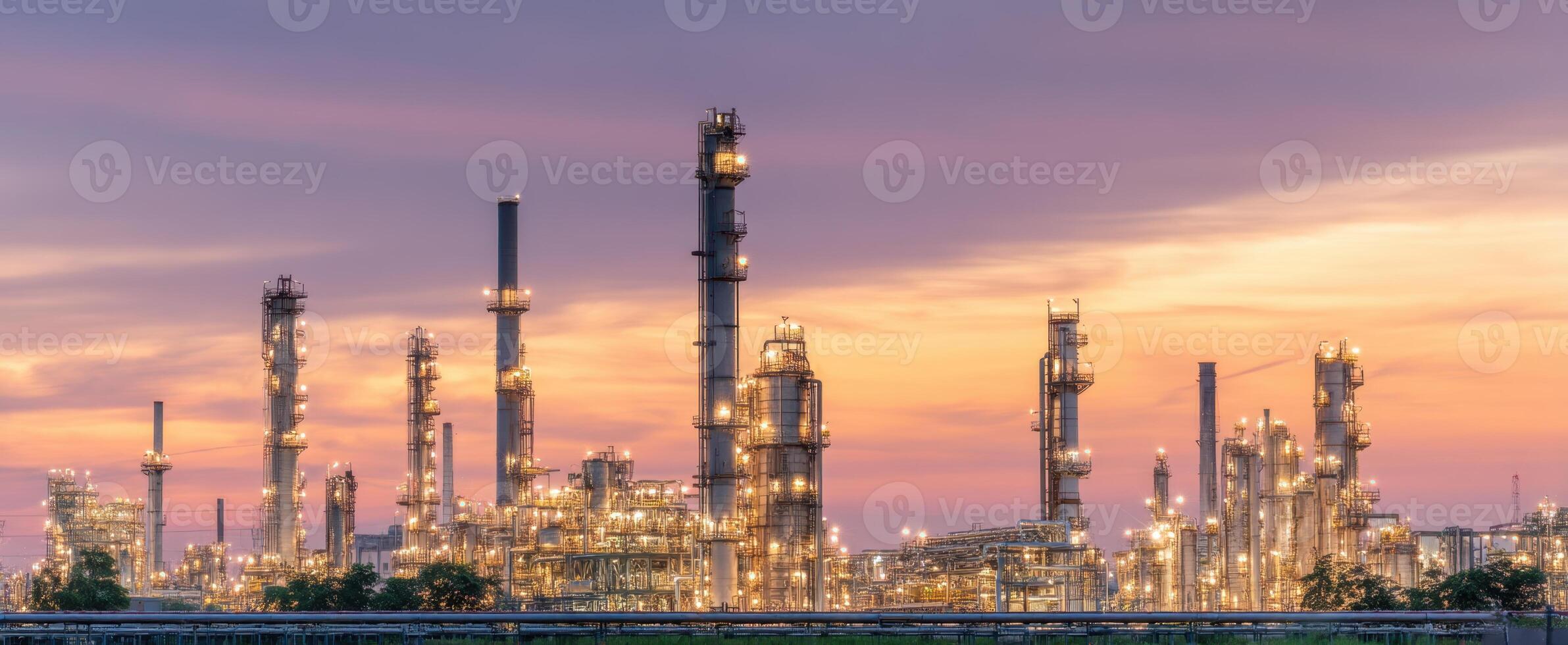 The industrial skyline illuminated by lights during a vibrant sunset. photo