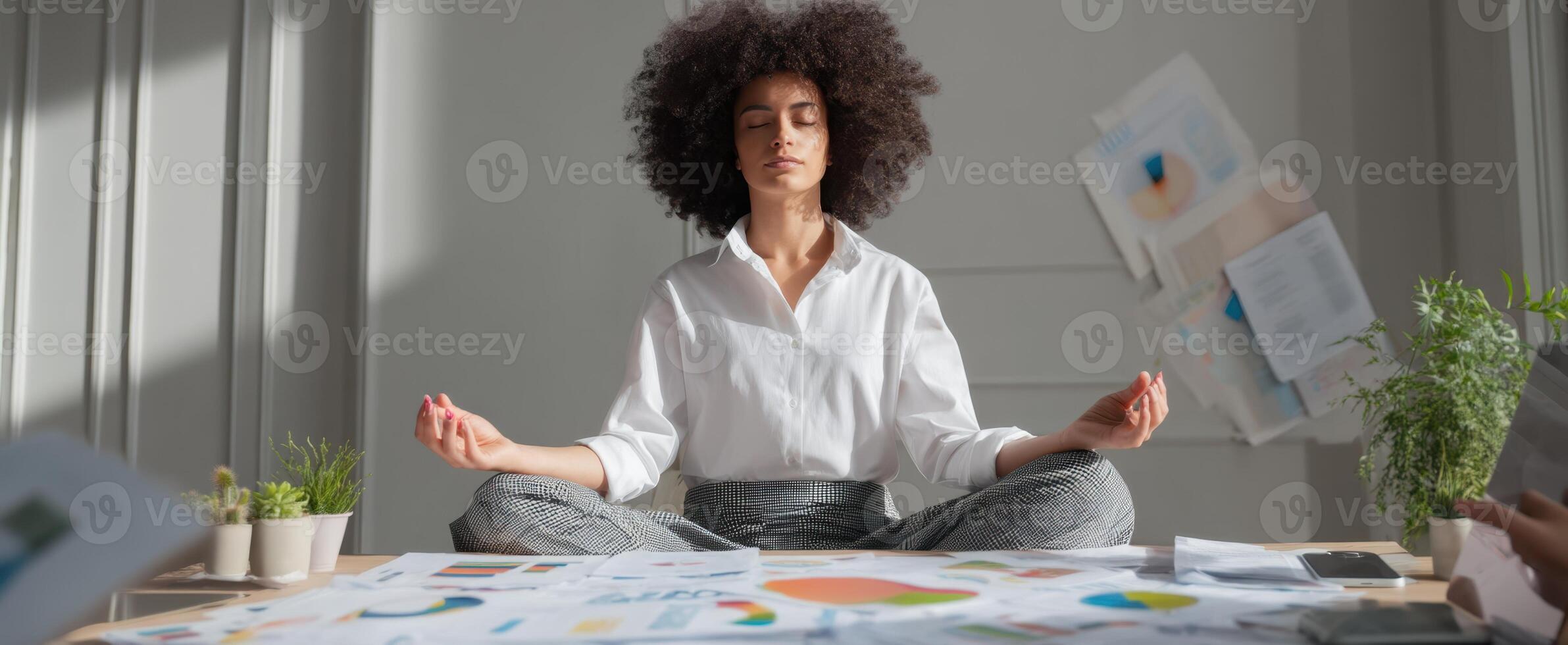 The woman meditating in a modern workspace with business documents around. photo