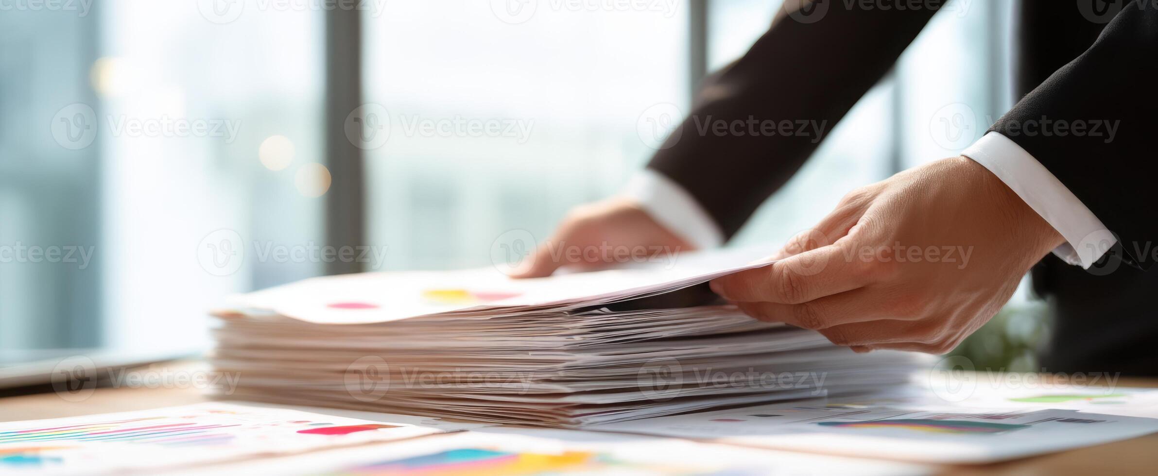 The professional stacking documents in a modern office workspace for effective organization photo