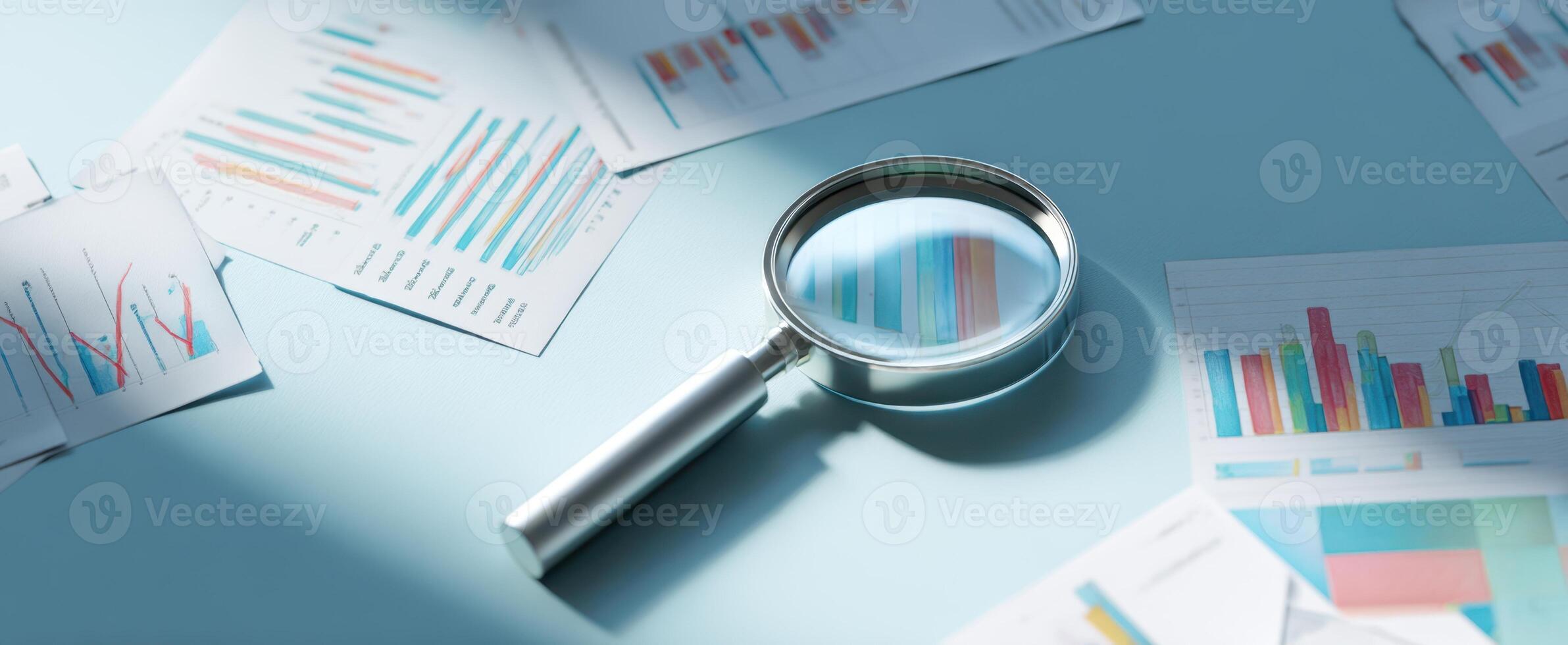 The magnifying glass focused on business graphs and statistical data. photo