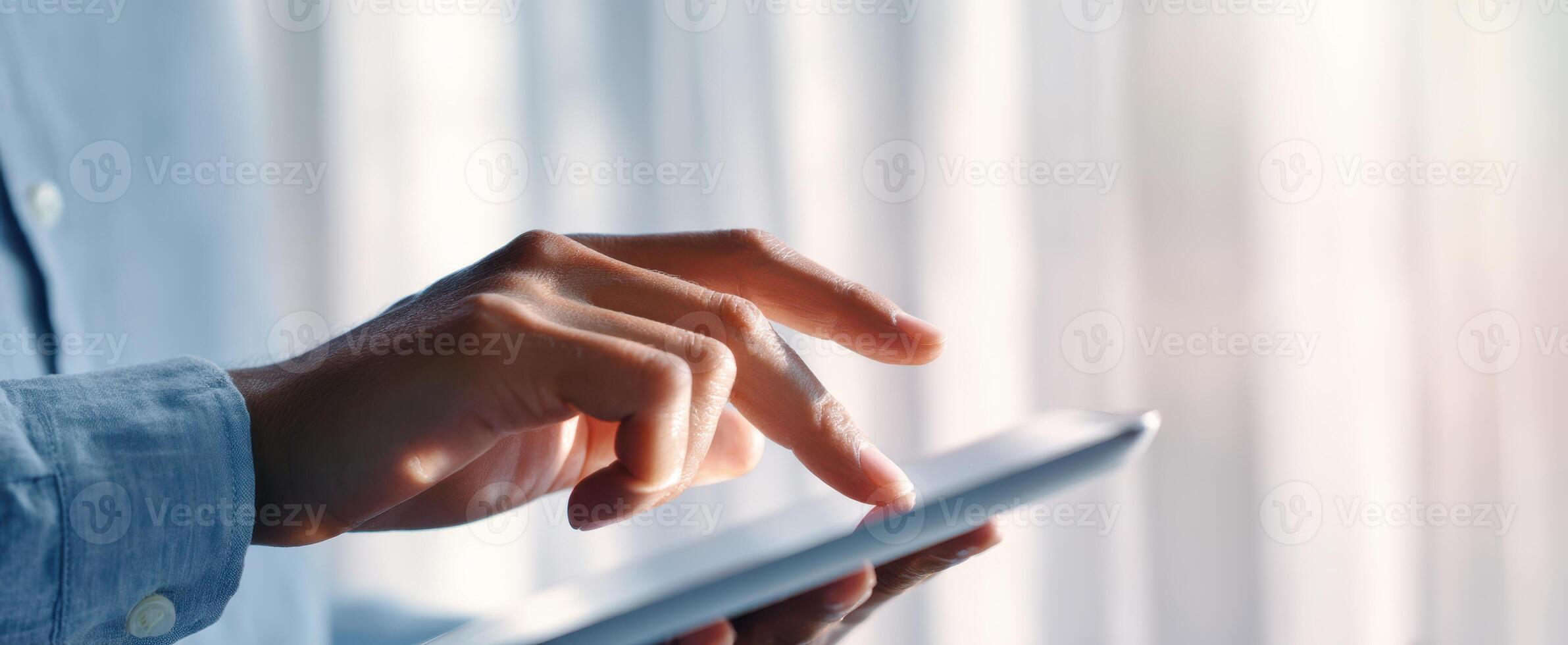 The person interacting with a tablet in a modern workspace setting. photo