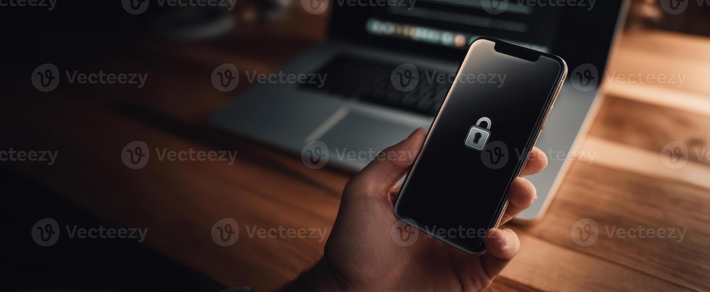 The smartphone displaying a lock symbol in a dark workspace setting. photo