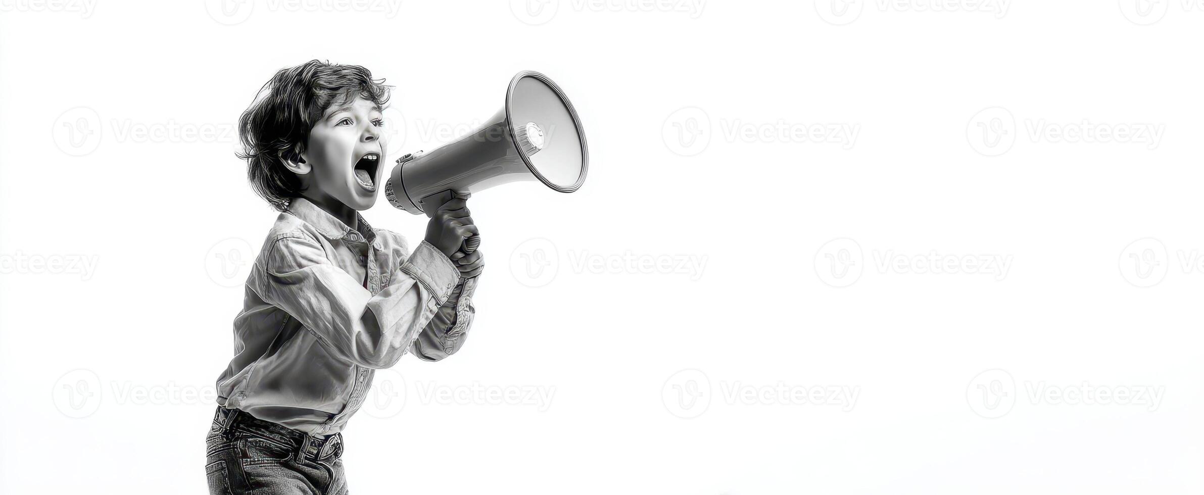 The boy passionately shouting into a megaphone in a studio environment. photo