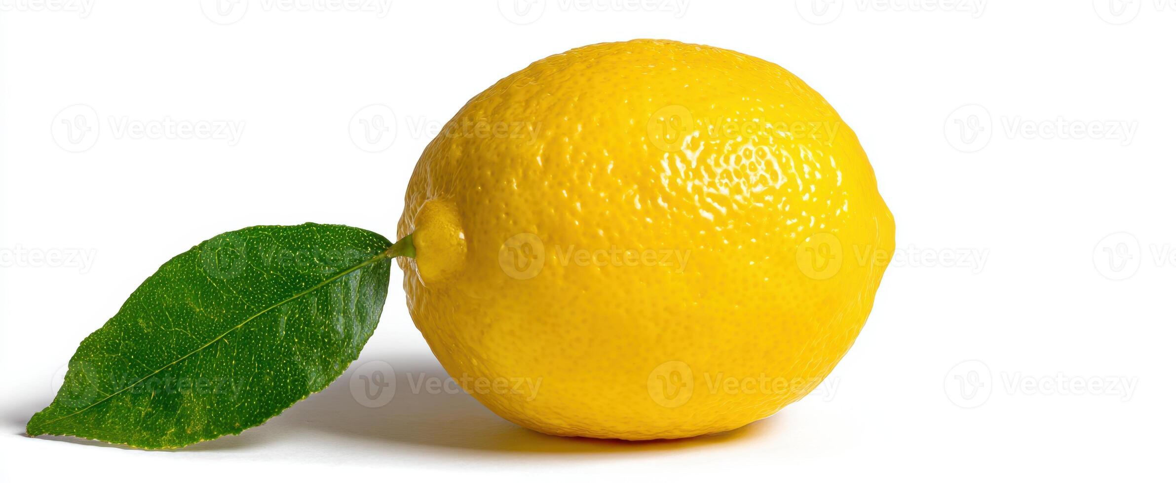The vibrant lemon with a green leaf on a bright white background photo