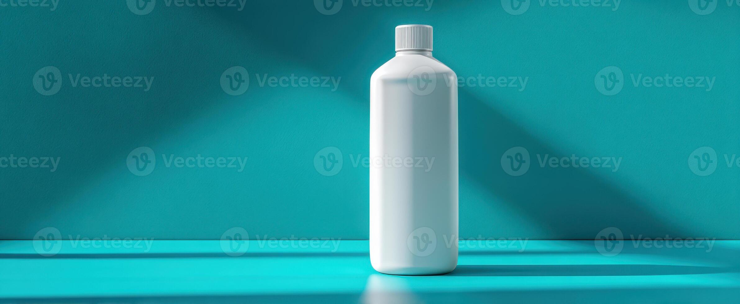 The sleek white bottle standing against a vibrant turquoise backdrop photo