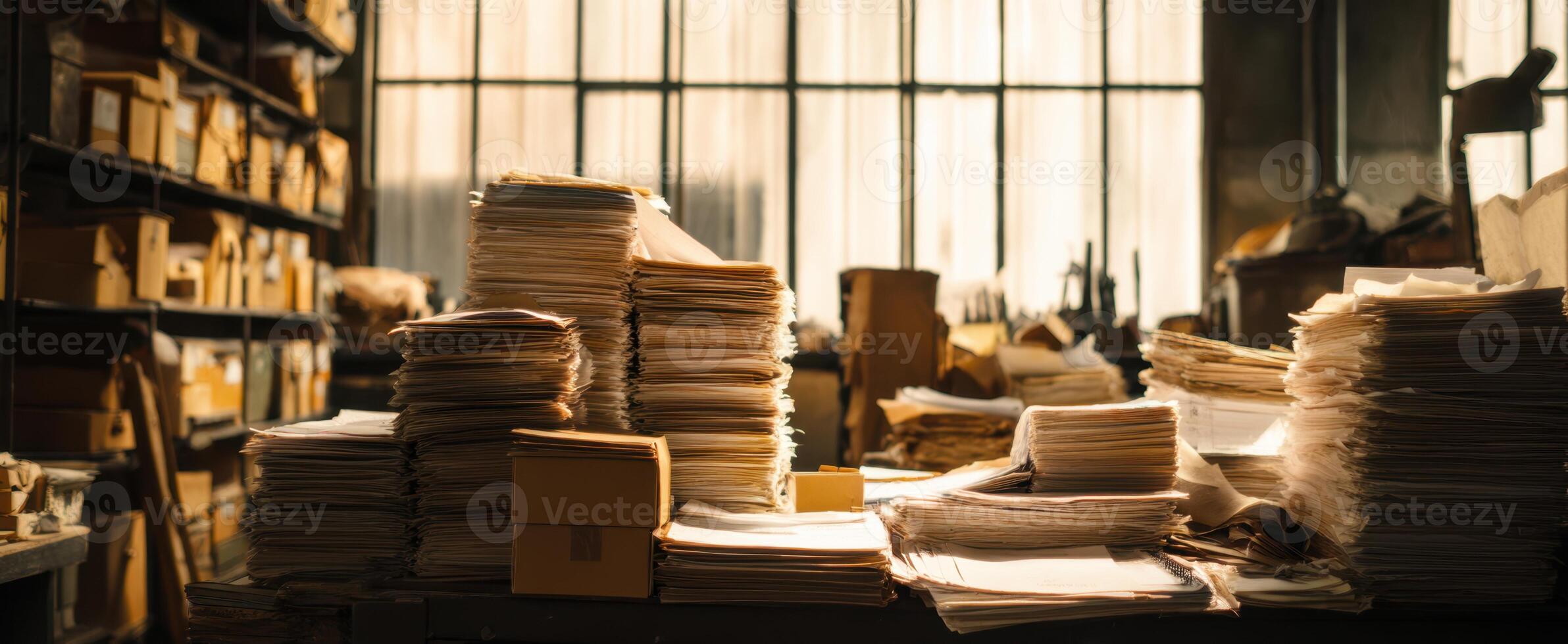 The cluttered workspace filled with stacks of papers and sunlight streaming through windows. photo