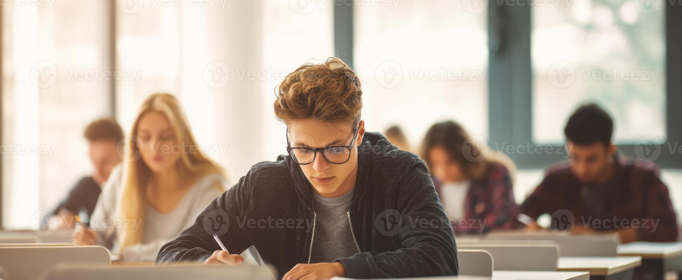 The focused student diligently studying in a bright classroom during an exam. photo