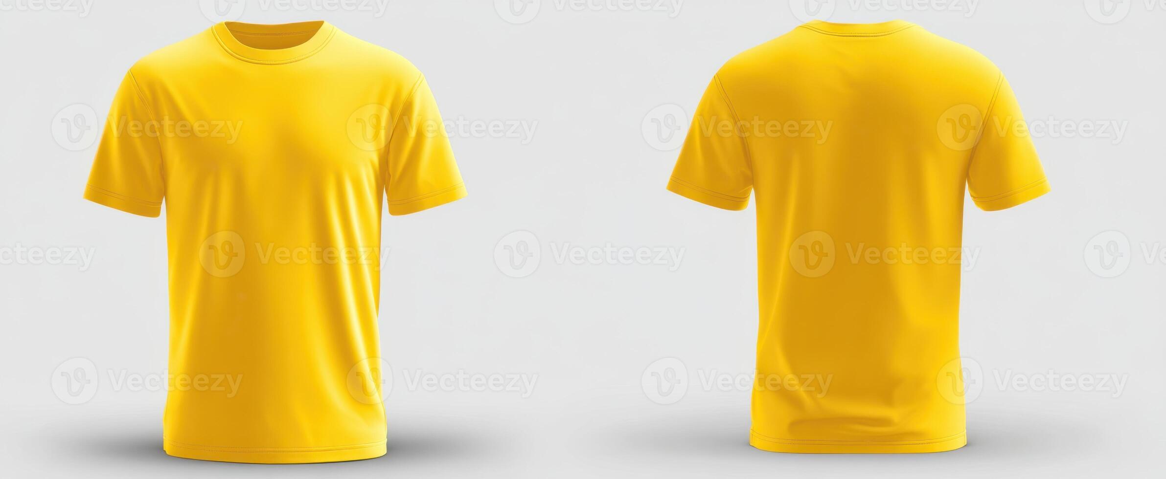 The vibrant yellow t-shirt displayed from front and back views in a studio setting. photo