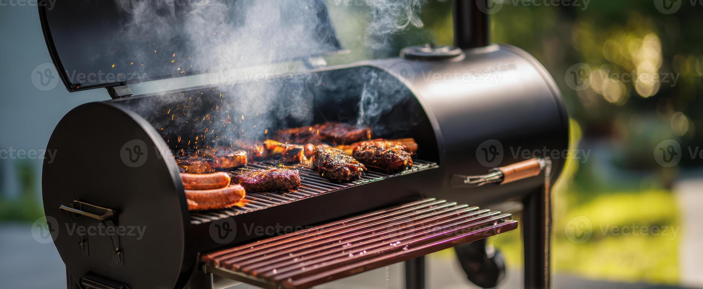 The barbecue grill producing smoky flavors with sizzling meats. photo
