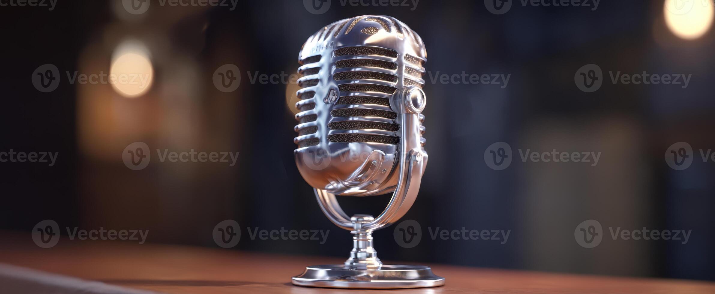 The vintage microphone on a bar top glows in warm ambient light. photo