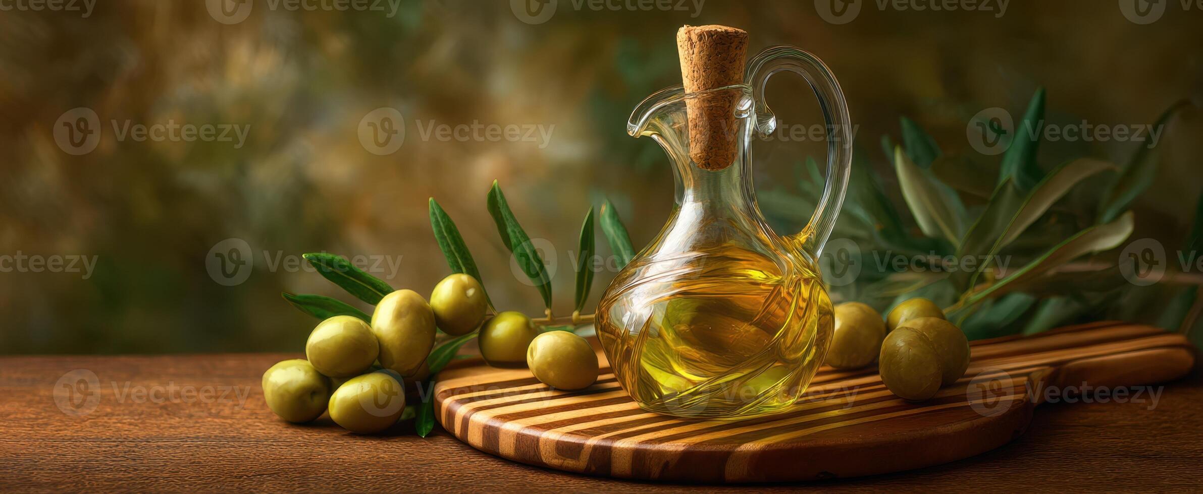 The Elegant Olive Oil Bottle Surrounded by Fresh Olives and Greenery photo