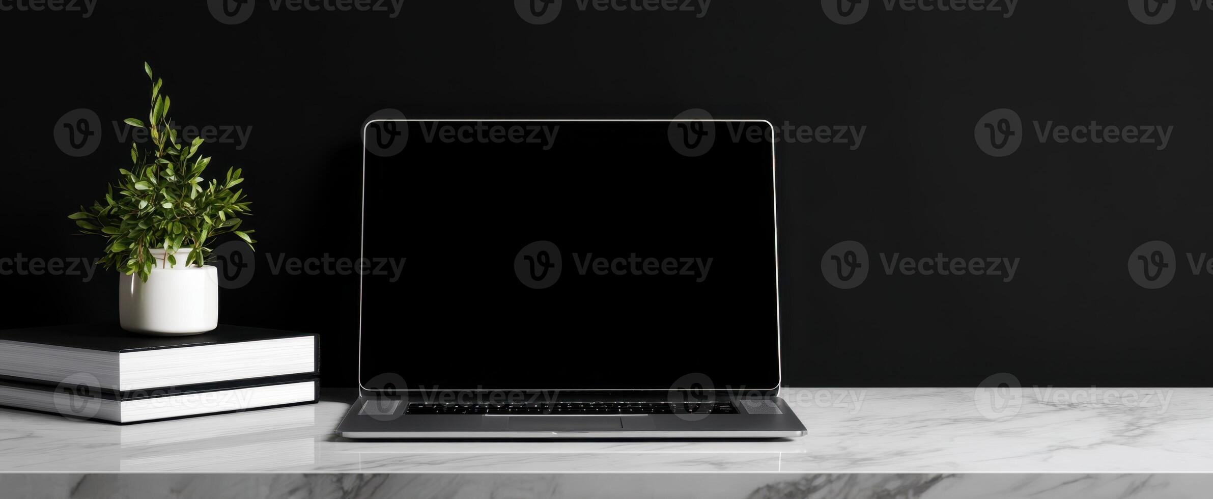 The sleek laptop positioned elegantly on a minimalist desk with a plant. photo