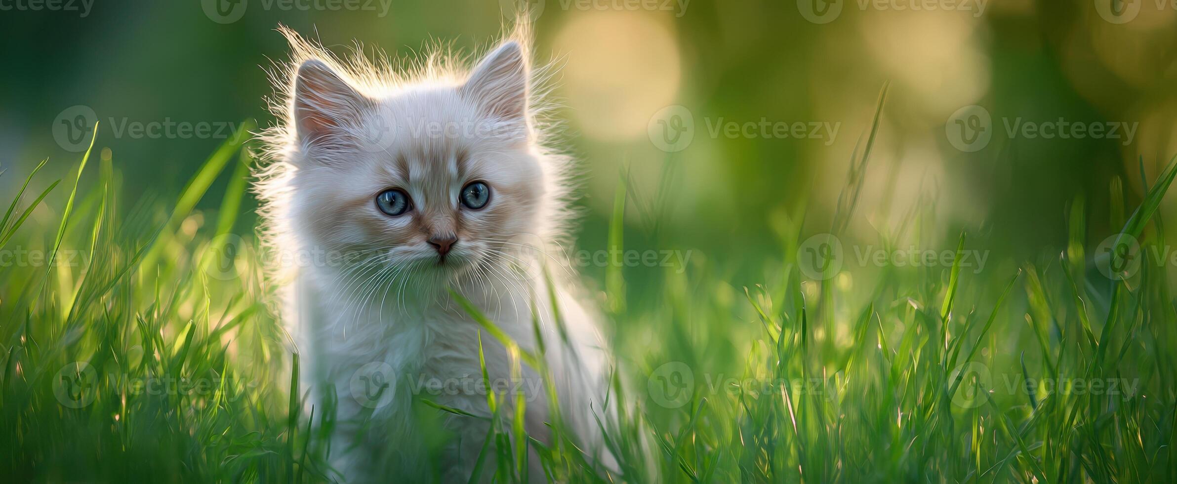The adorable fluffy kitten sitting gracefully in the vibrant green grass. photo