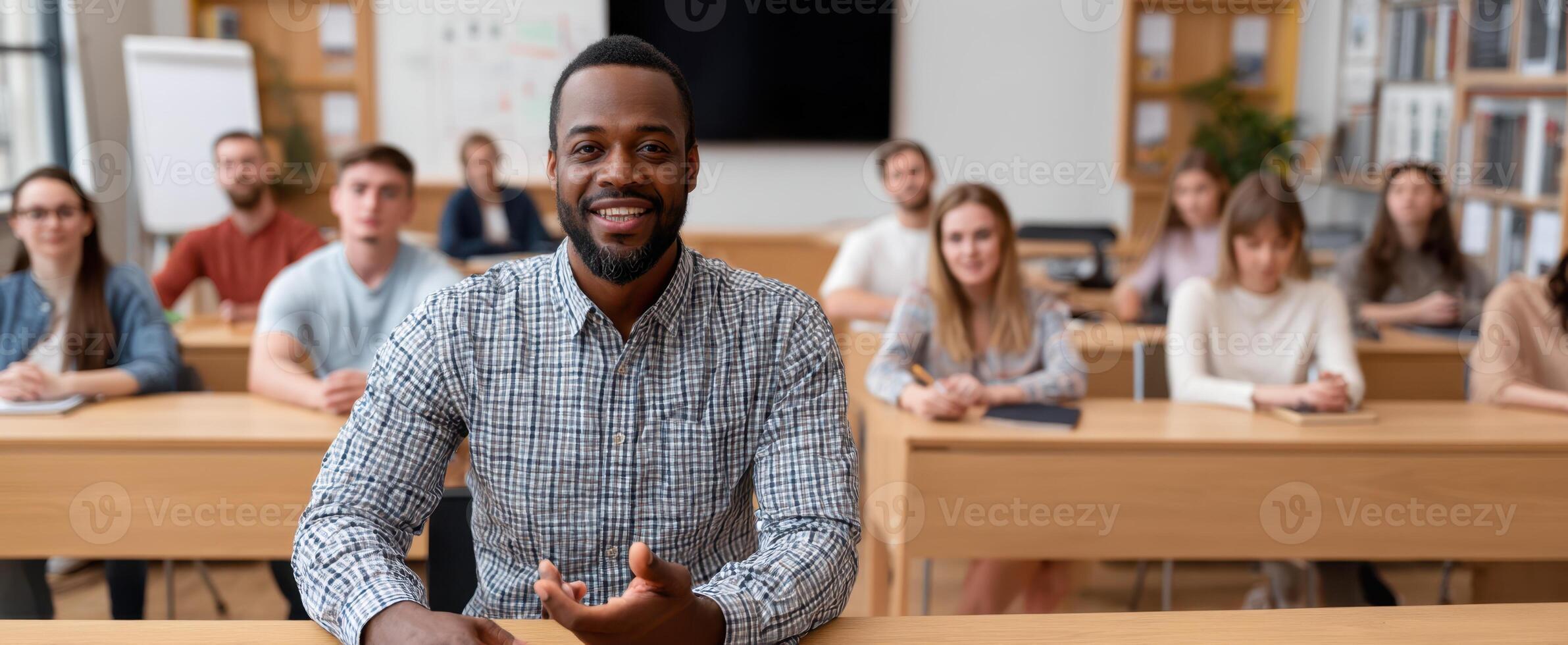 The smiling teacher leading an engaging classroom session with attentive students. photo