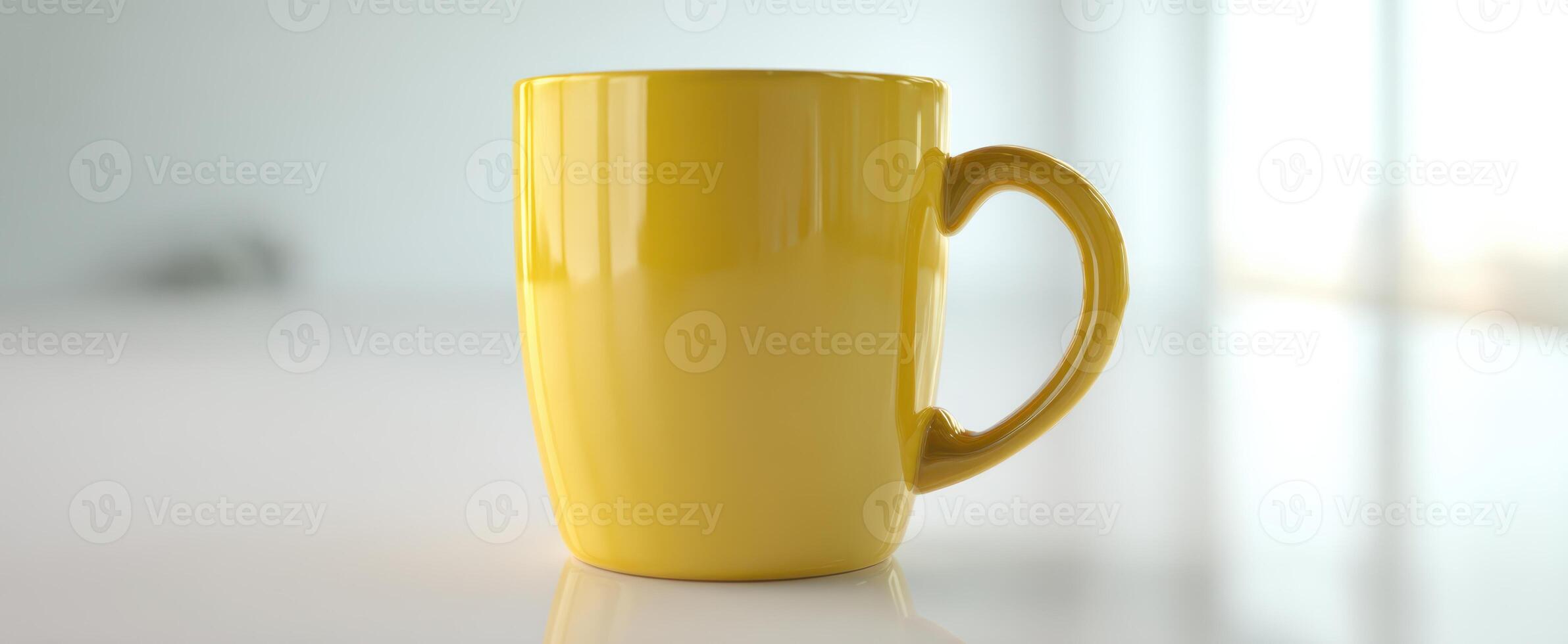 The vibrant yellow mug standing on a sleek, modern table. photo