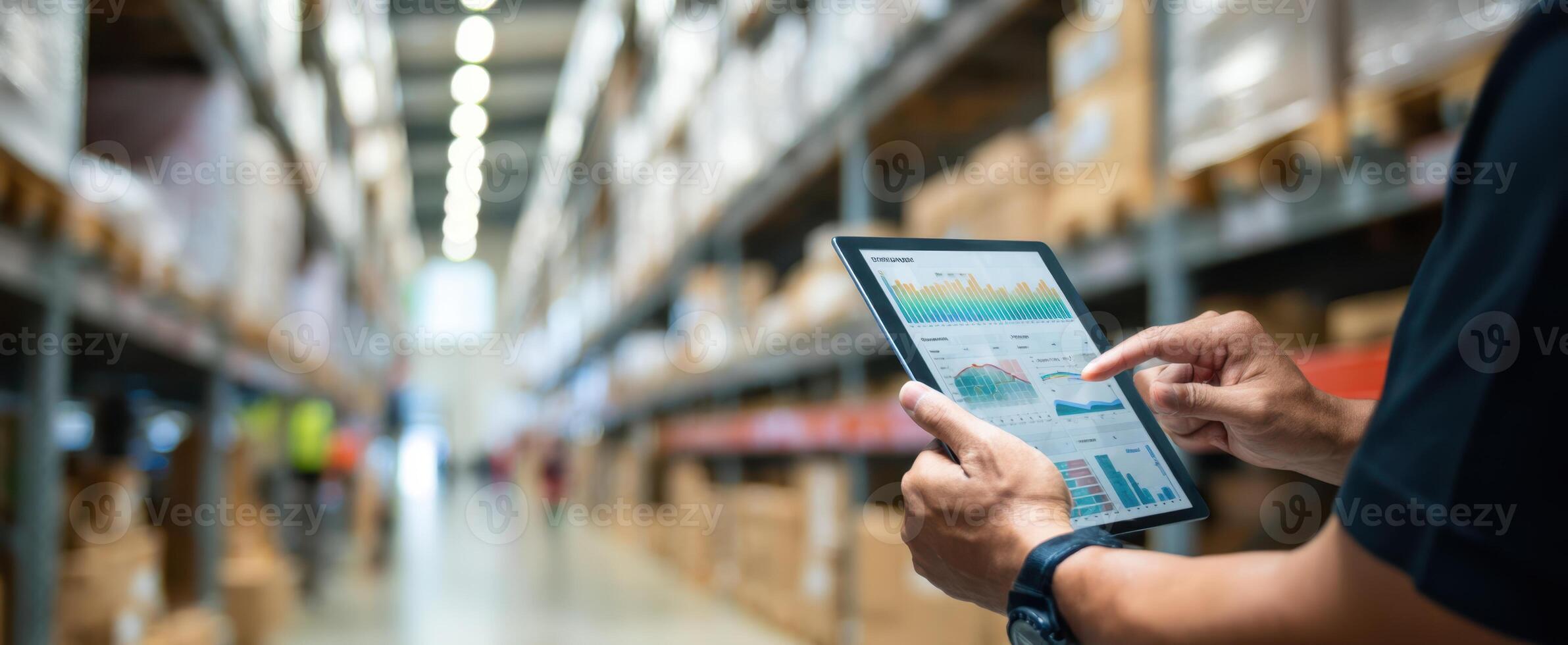 The professional analyzing data on a tablet in a warehouse environment. photo