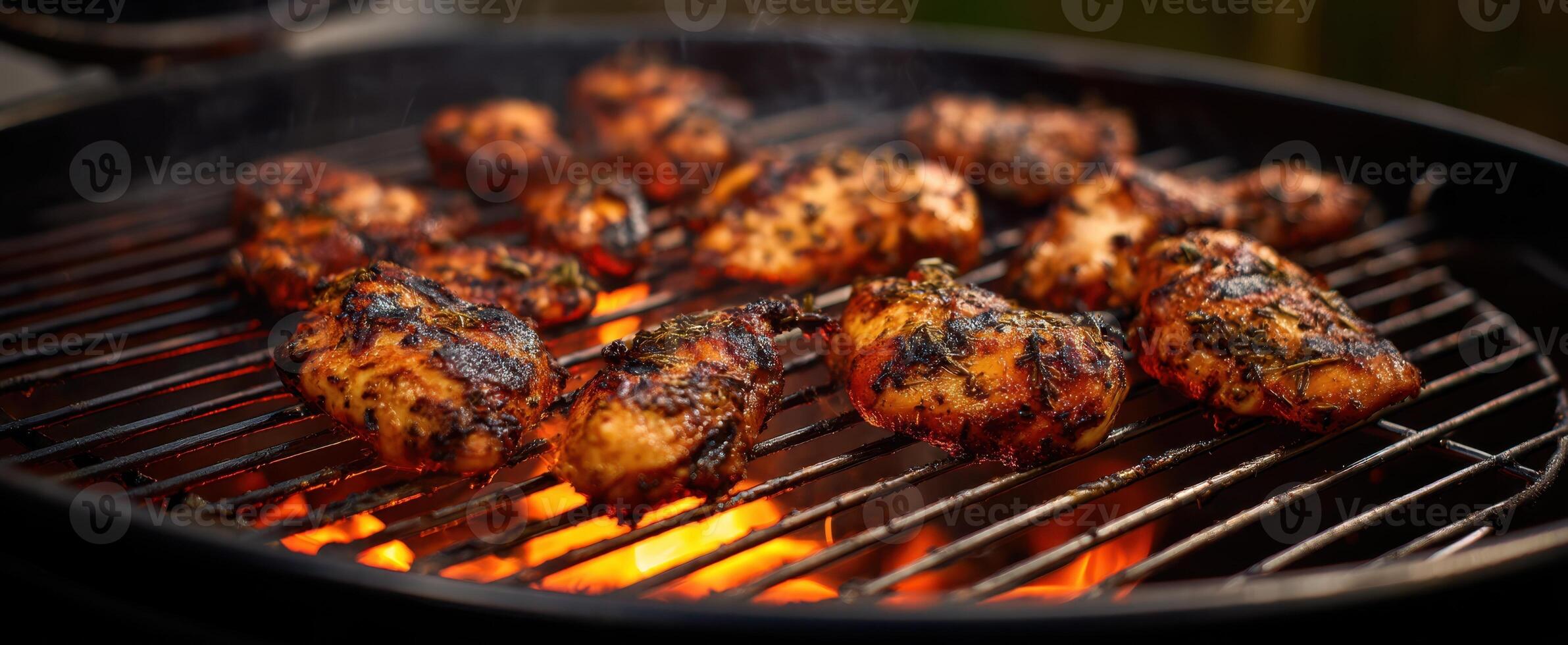 The sizzling chicken wings cooking on a barbecue grill during summer gathering photo