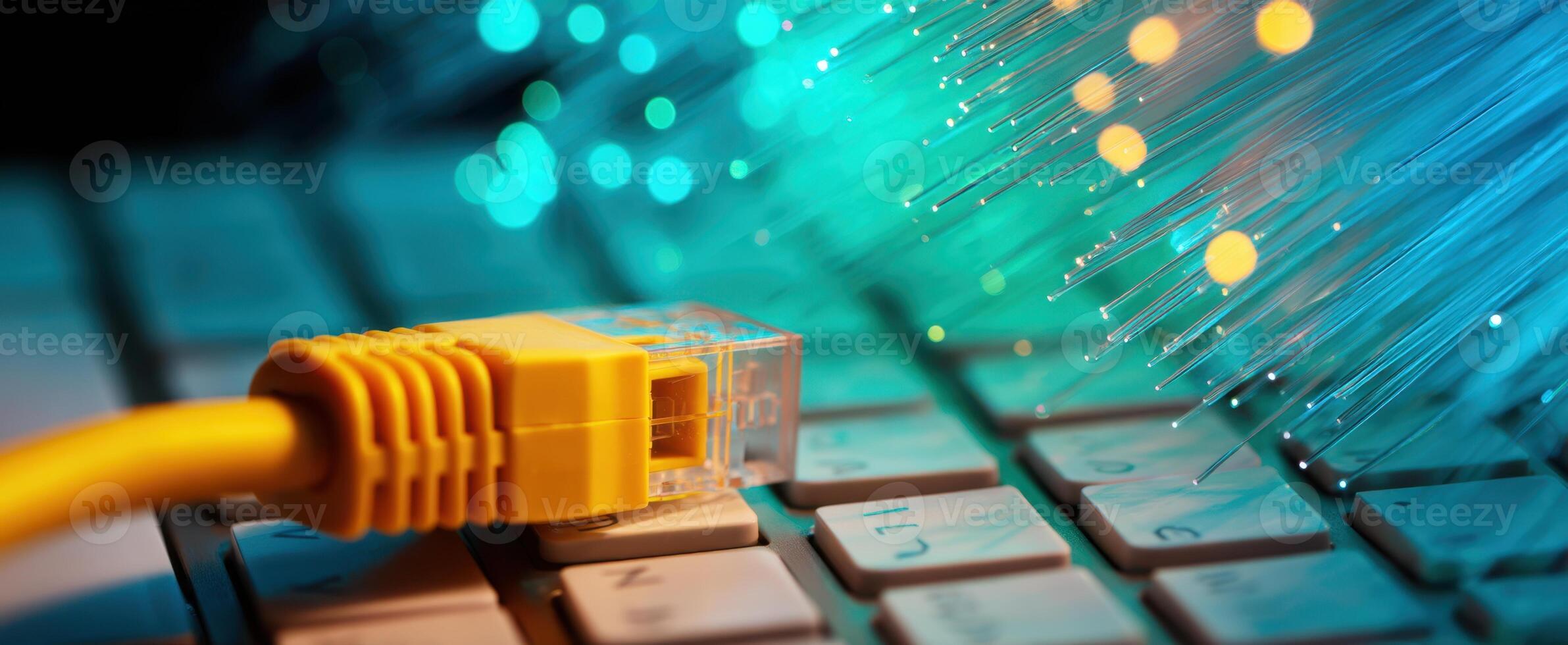 The vibrant connection of a yellow Ethernet cable and glowing fiber optics photo