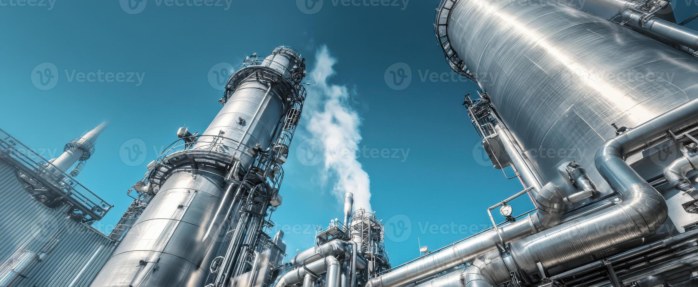 The towering industrial structures of a modern refinery against a clear blue sky. photo
