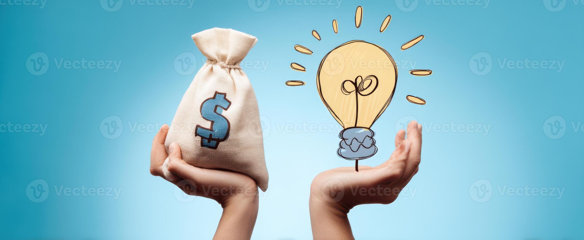 The hands holding money and a lightbulb symbolize innovation and financial success. photo