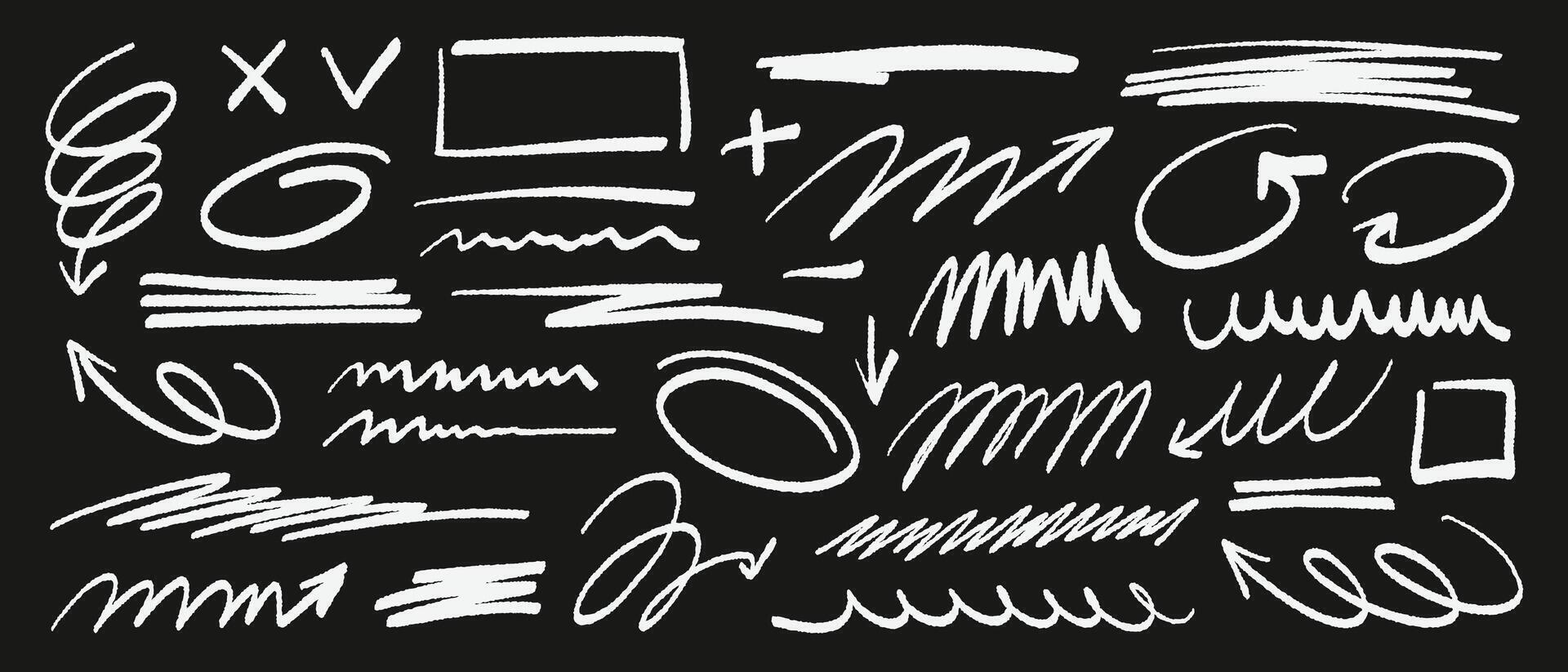 Group of arrows, scribbles, highlights, squiggles and frames. Hand-drawn doodle marker drawing. Freehand different curved arrows, crosses, circles and check marks vector