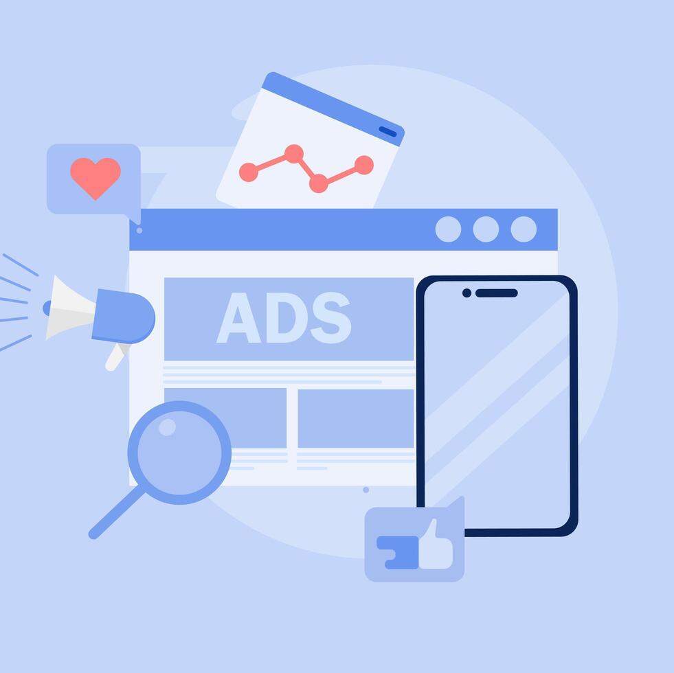 Mobile advertising strategies and programmatic targeting for mobile devices. Illustration of advertising on mobile. vector