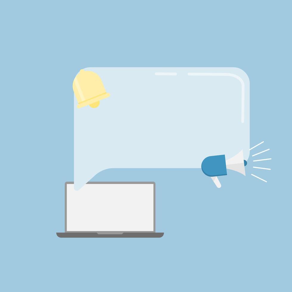 Laptop with megaphone and speech bubble on blue background vector