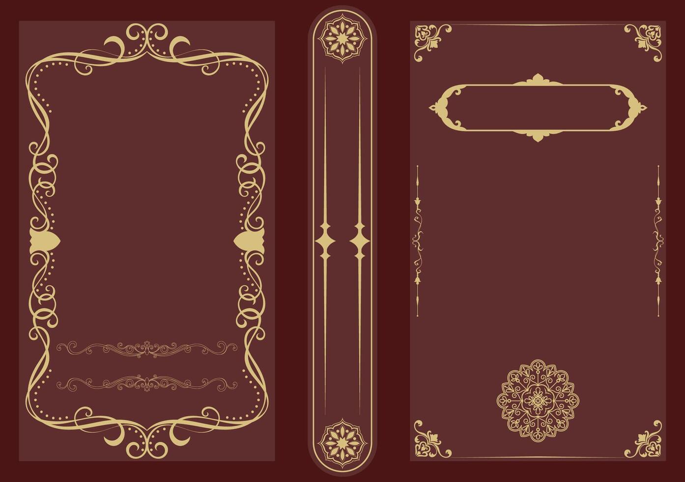Elegant vintage book cover design featuring golden ornamental elements on a dark burgundy background. Ideal for classic book templates, wedding invitations, or luxury packaging. vector