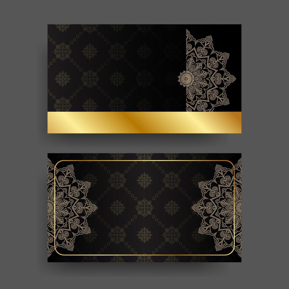 Black business card decorated with mandala pattern and gold frame, looks luxurious decorated with flowers and vintage decorations. vector