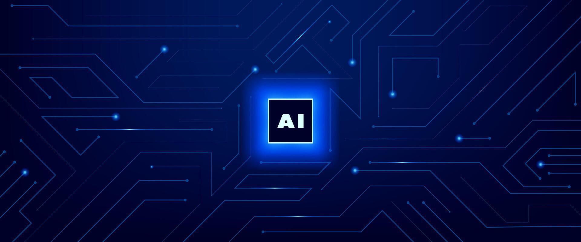 Futuristic digital circuit board background with glowing AI chip in the center. Modern technology, artificial intelligence and electronic circuit chip manufacturing innovation concept. vector