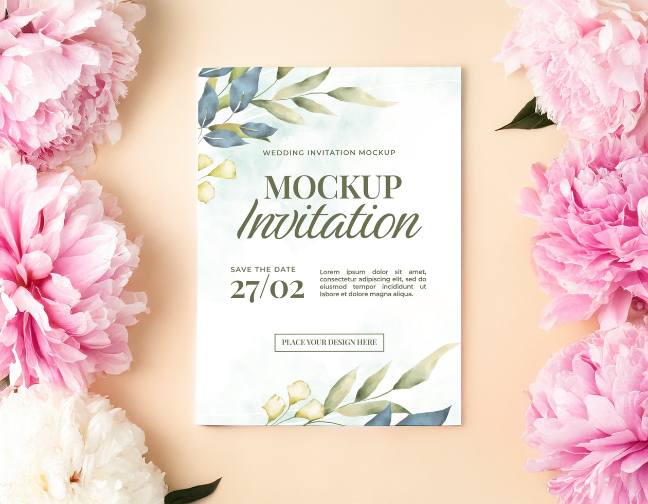 Romantic Wedding Invitation Mockup with Pink Peonies psd