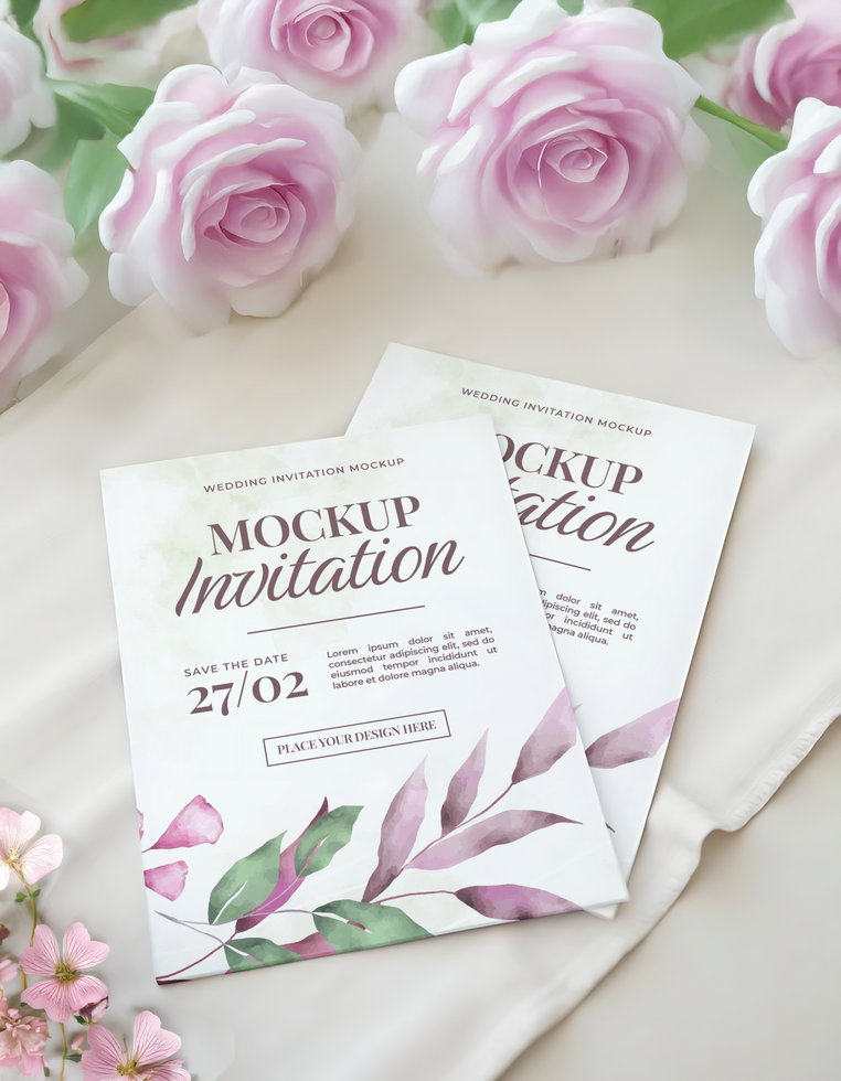 Elegant Wedding Invitation Mockup With Pink Roses-Wedding Mockup psd