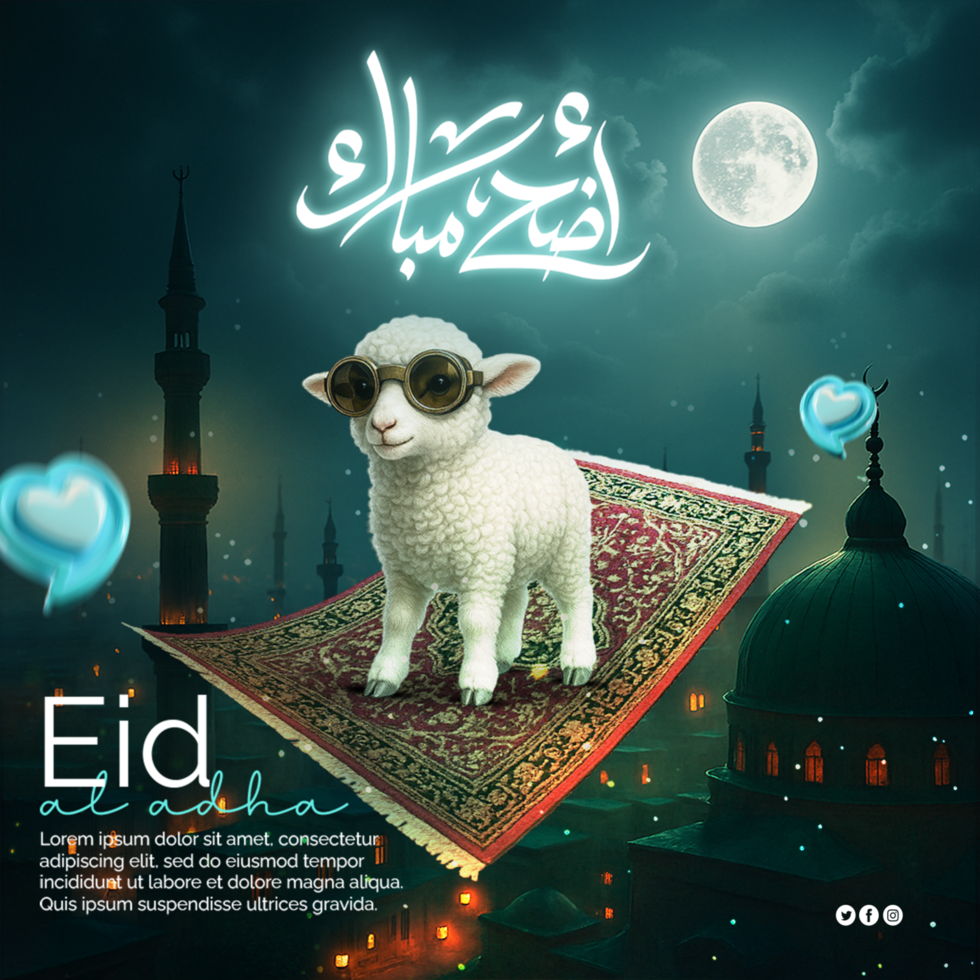 Eid Mubarak Eid al Adha poster trendy sheep wearing glasses against Islamic background Eid Post psd