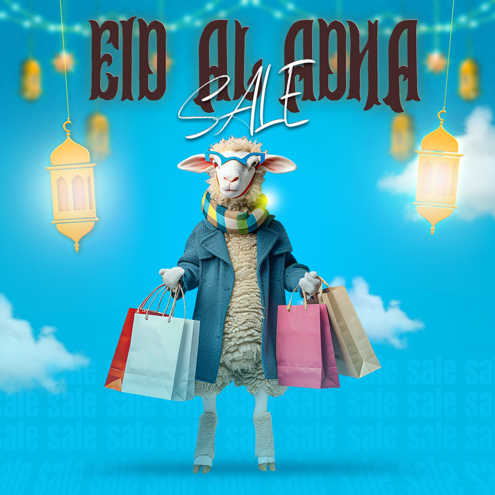 Eid al adha sale poster Template eid shopping poster With Sheep Holding Bag Eid Al Adha Sale psd