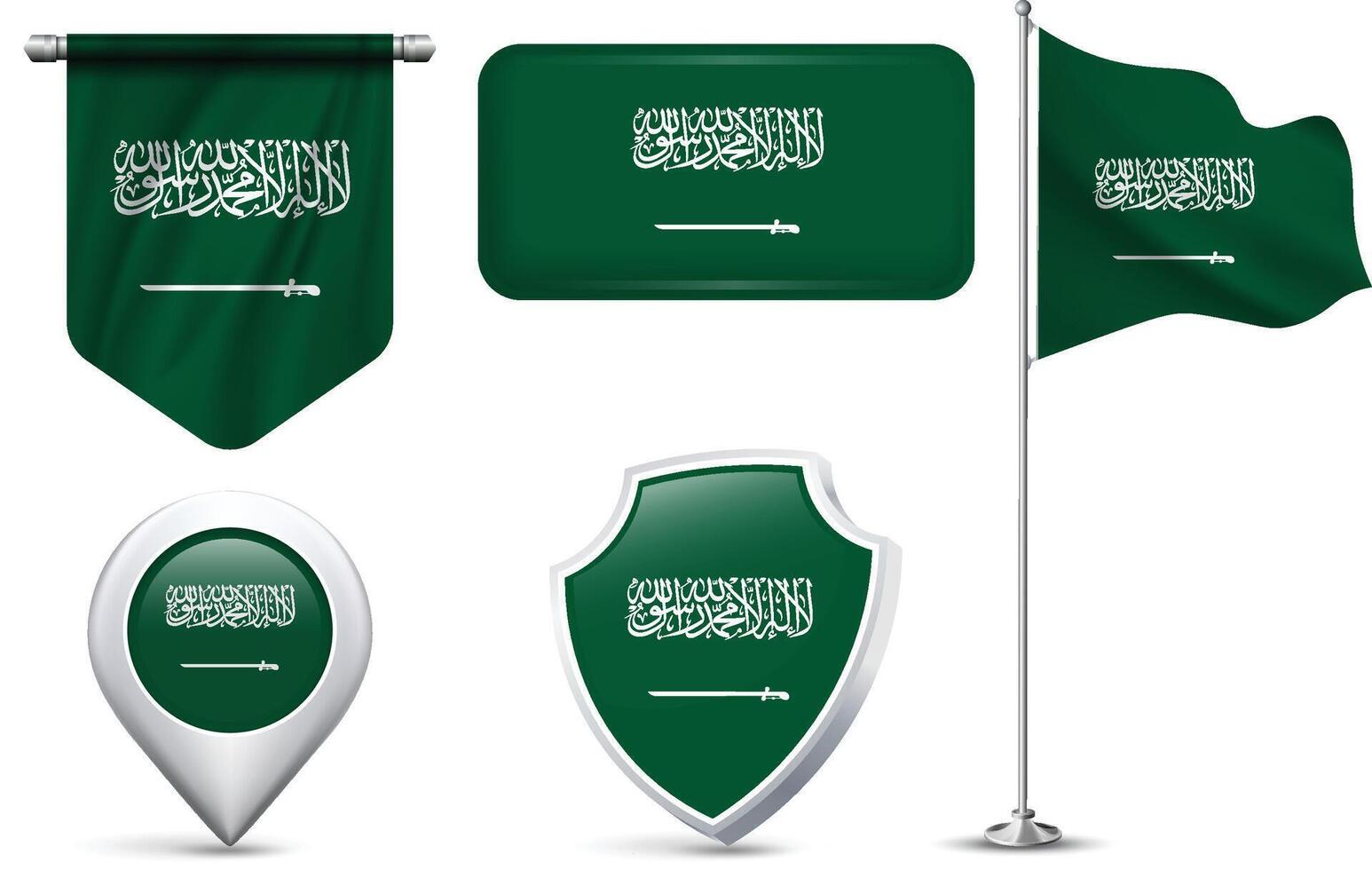 Set of Saudi Arabian Flags in Different Shapes and Styles vector