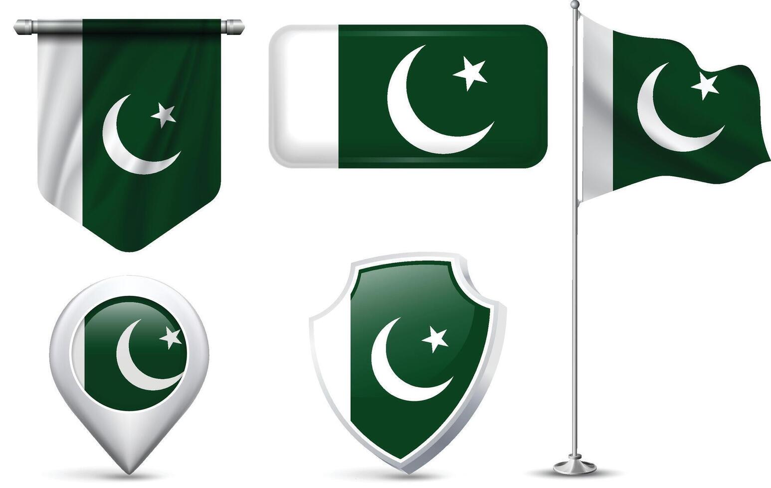 Set of Pakistani Flags in Different Shapes and Styles vector