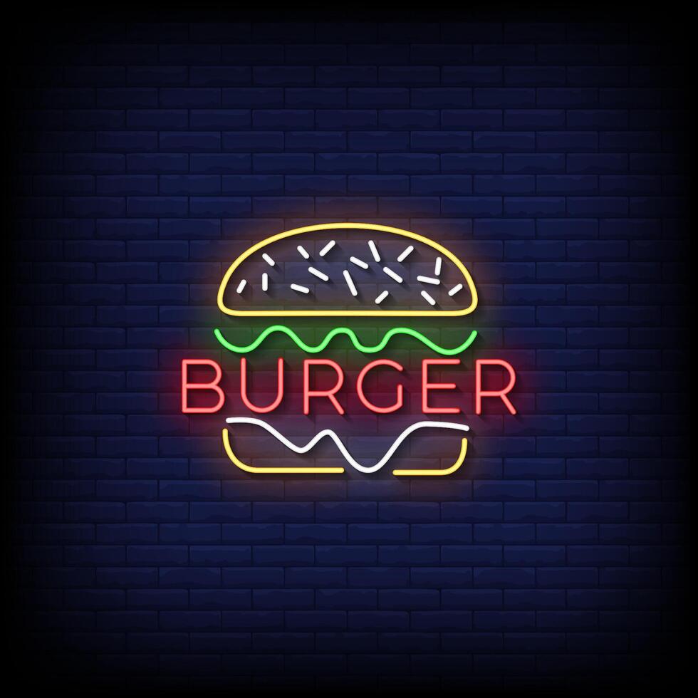 burger neon sign with brick wall background vector