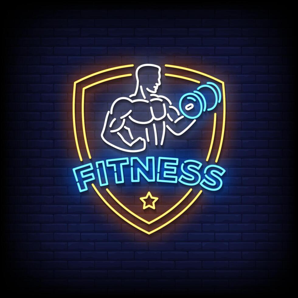 fitness neon sign with brick wall background vector