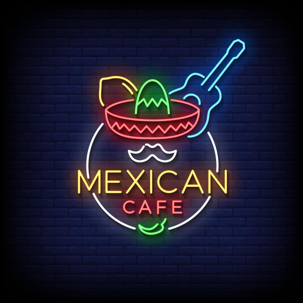 mexican cafe neon sign with brick wall background vector