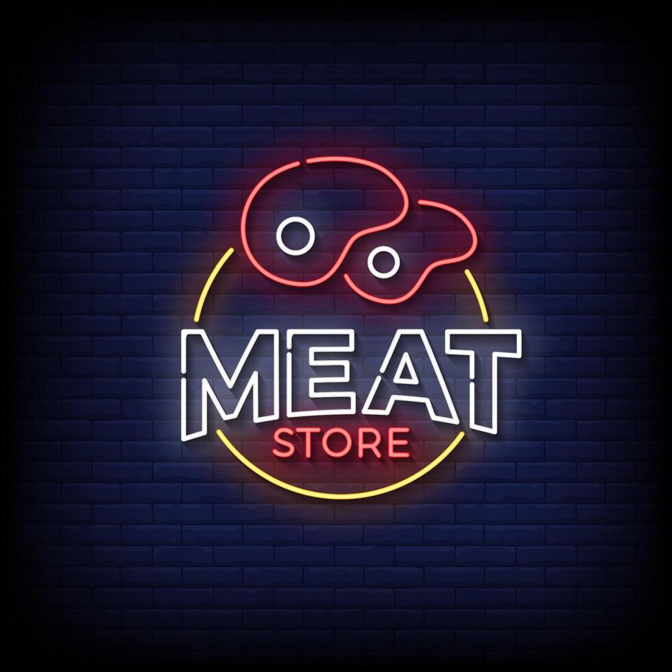 meat store neon sign with brick wall background vector