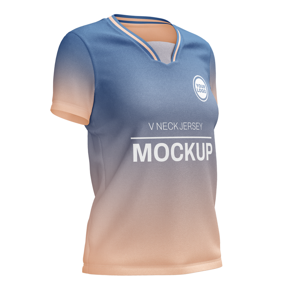 Womens v neck with collar layer short sleeve tshirt jersey mockup front halfside view psd