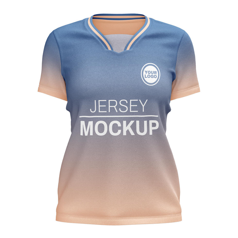 Womens v neck with collar layer short sleeve tshirt jersey mockup front view psd