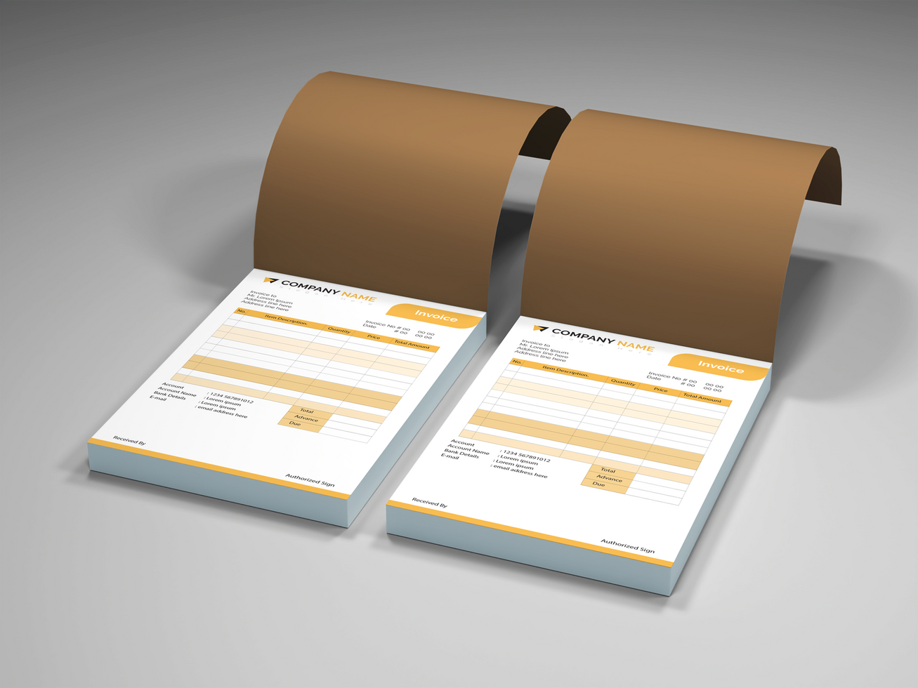 Top Left View invoice pad mockup design template. psd