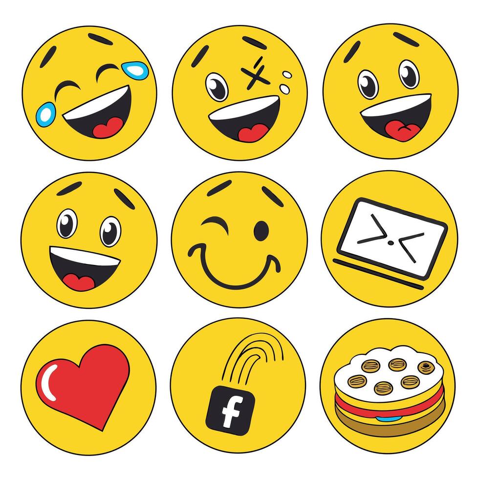 A collection of expressive and symbolic emoji, conveying emotions and ideas in a visual and playful way. Each emoji embodies unique feeling and personality. vector