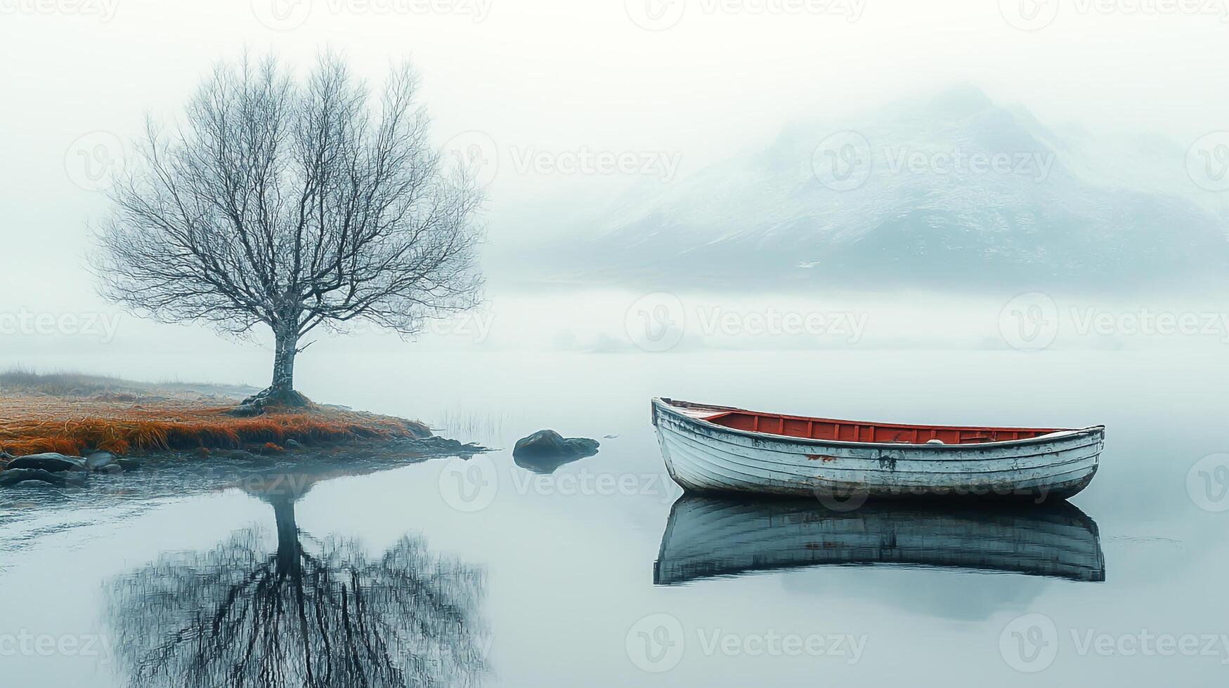 Minimalist image of boat on the lake in a mystical and cloudy environment. photo