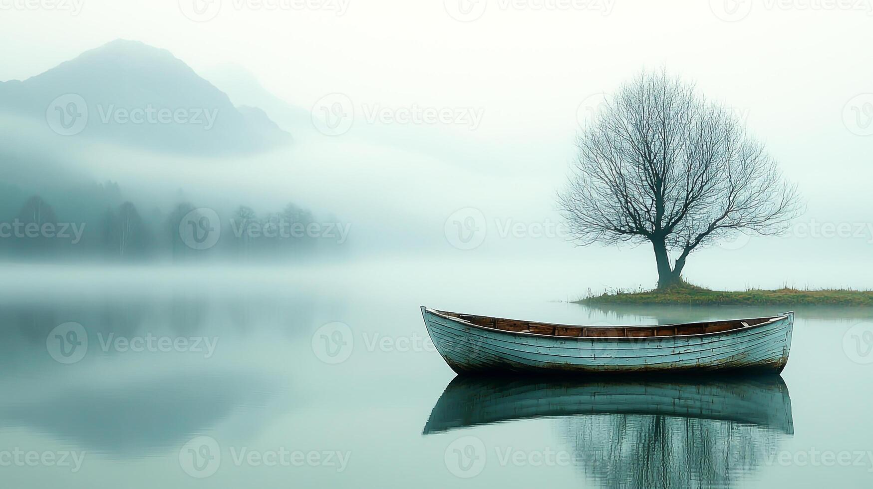 Minimalist image of boat on the lake in a mystical environment photo