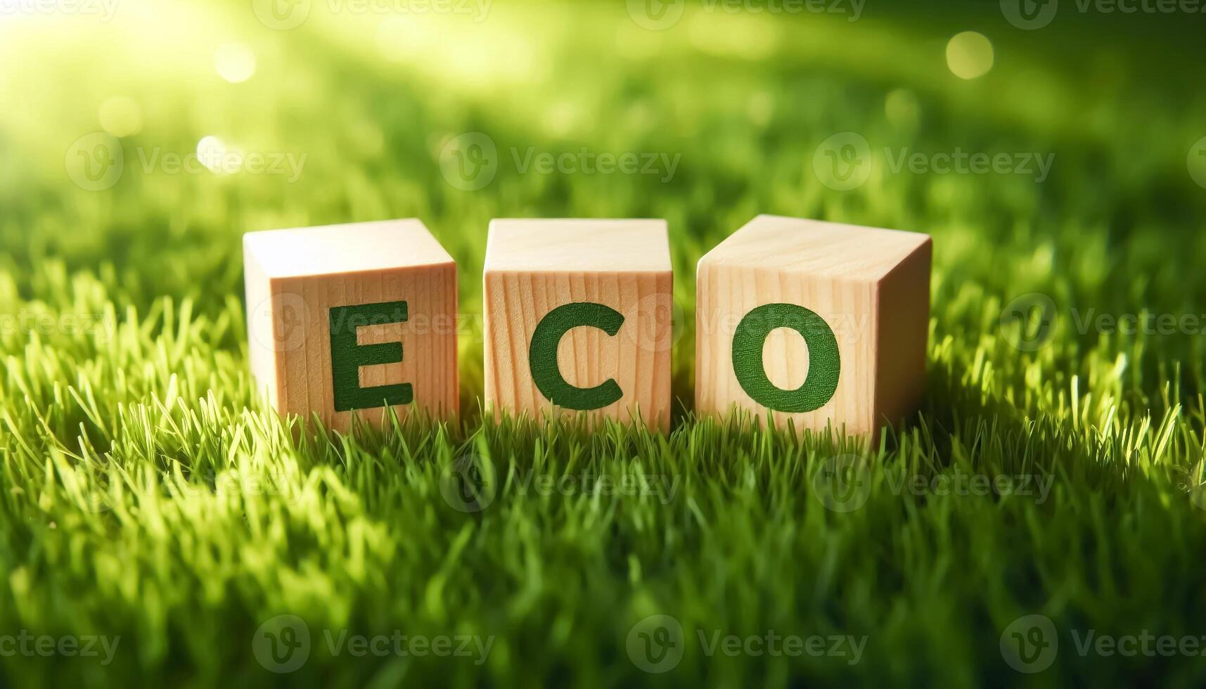 Wooden blocks on green grass with the word ECO. Concept of environment and ecology photo