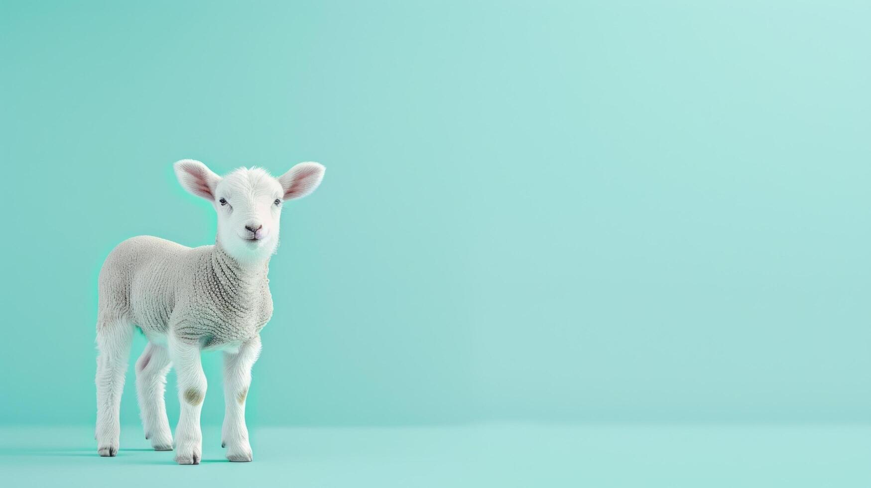 Adorable Lamb with Soft Wool Standing on Teal Background photo